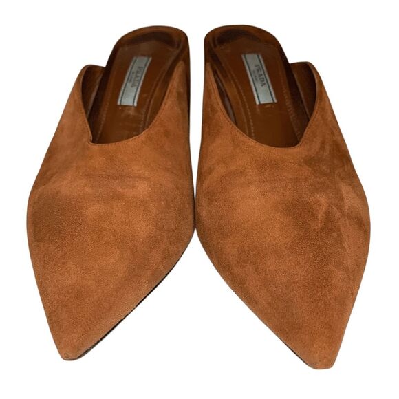Prada Suede V-Notch Mules Size 39 Brown Pointed Toe Block Heel Slip-On Shoes - Picture 3 of 10